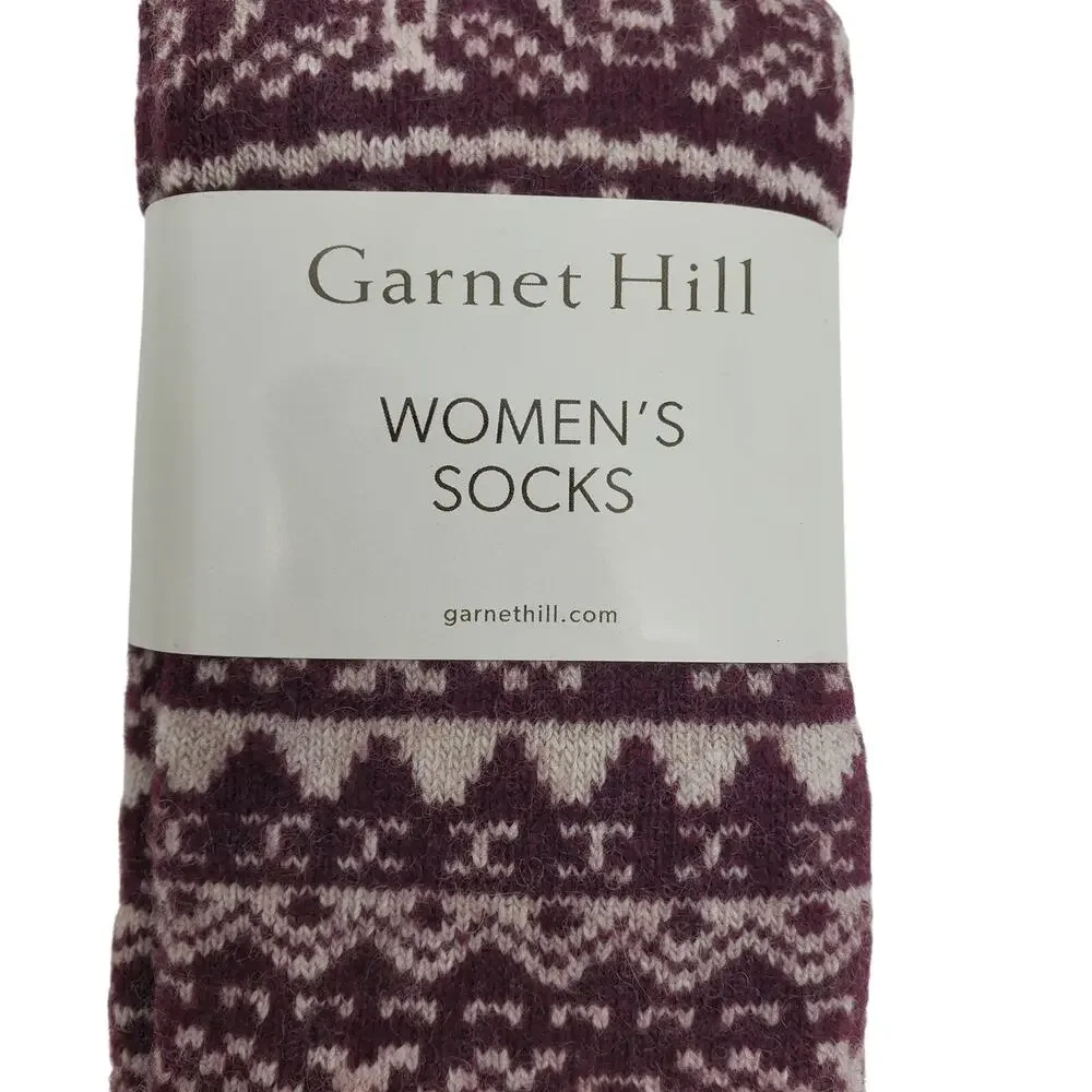 Garnet Hill Fair Isle Socks 9-11 Warm Wool Cashmere Blend Soft Crew Maroon Cream